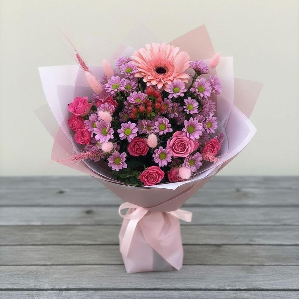 Букет цветов из: Розы, Герберы и Хризантемы в Горноуральский