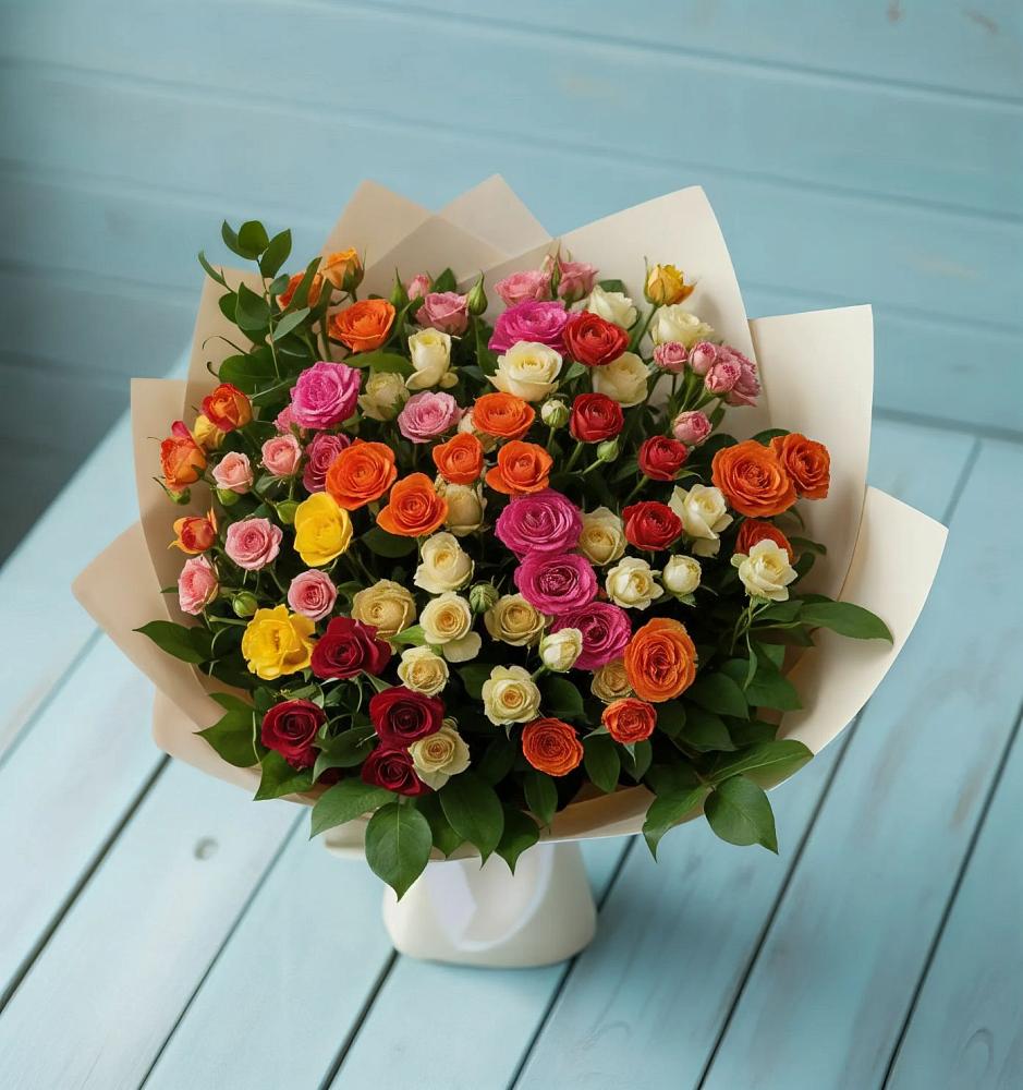 Букет Микс из разноцветных кустовых роз в Горноуральский