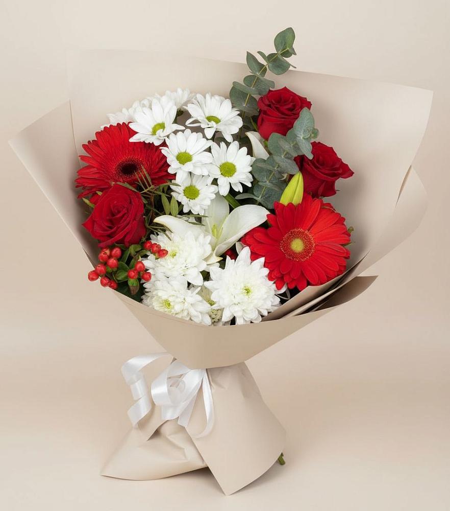 Букет цветов из: Розы, Хризантемы, Герберы и Лилии в Горноуральский